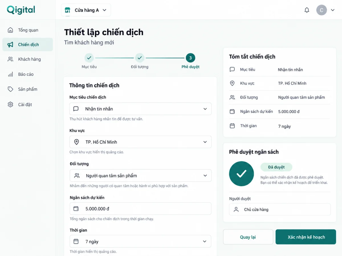 Campaign setup: goal, audience and the budget approval step.