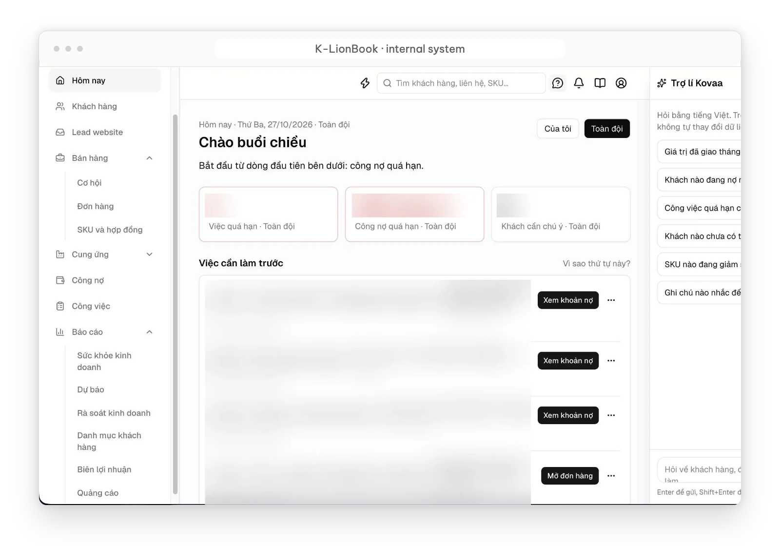 Ảnh chụp màn hình Hôm nay của K-LionBook, dữ liệu khách hàng đã làm mờ